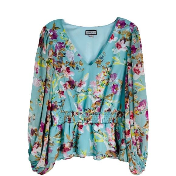 Sam & Jess blue pink floral boho chiffon blouse large - Picture 1 of 9